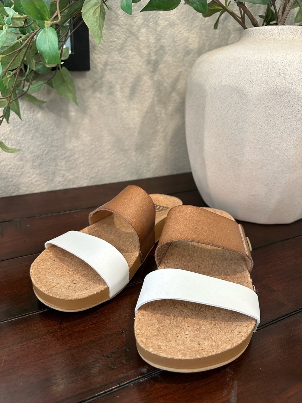 Reef Two-Band Slide Sandals in Brown and White